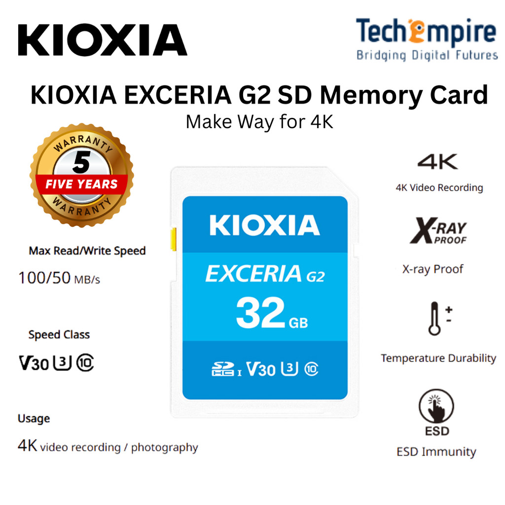 การ์ดหน่วยความจํา KIOXIA EXCERIA G2 SD 32GB 100MB V30 สําหรับบันทึกวิดีโอ 4K / การถ่ายภาพ