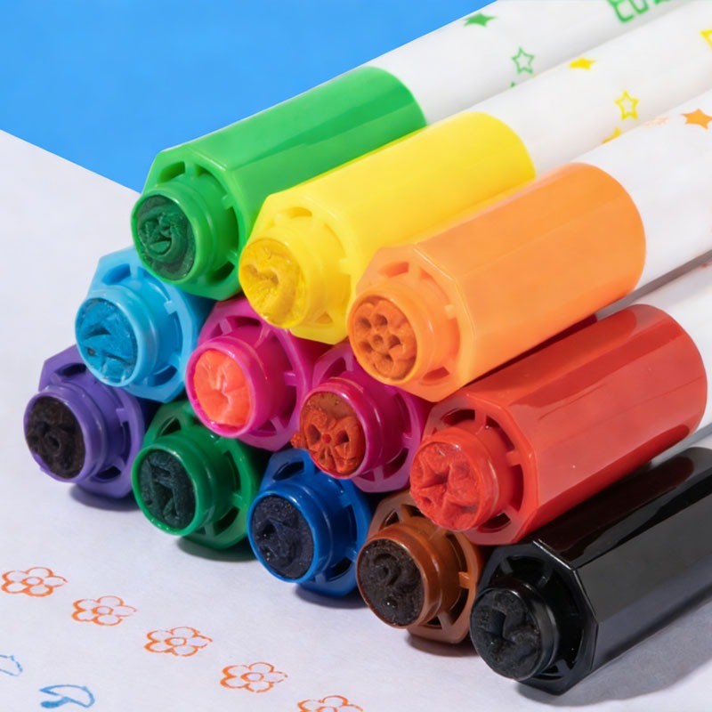 36 ชิ้น สีเมจิก ปากกาสีน้ำ ไร้สารเคมี มีหัวสแตมป์ สำหรับเด็ก ล้างออกง่าย