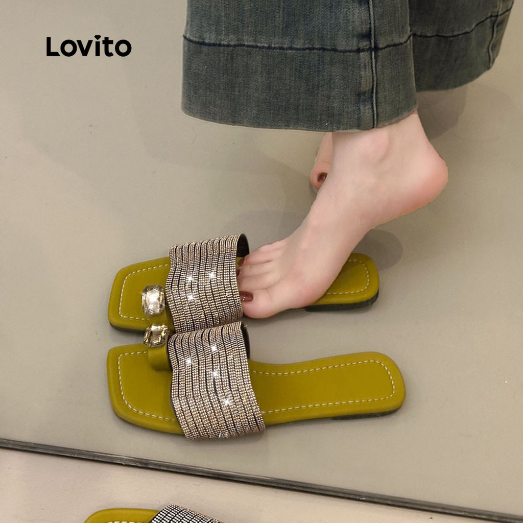 Lovito รองเท sandal แบบเรียบหรู ประดับเพชร สไตล์แฟลตสำหรับผู้หญิง LFA89065