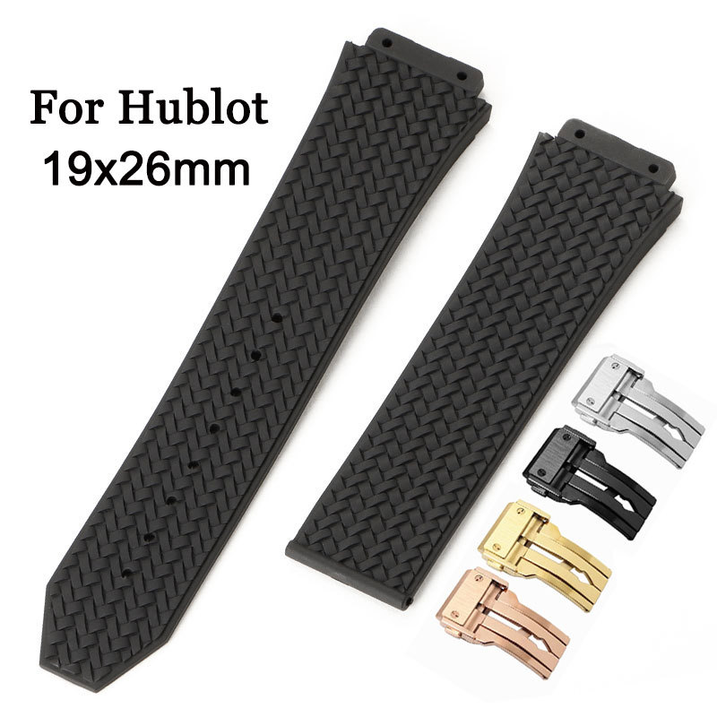 สายนาฬิกาซิลิโคนสําหรับ Hublot BIG BANG 19x26 มม.สร้อยข้อมือสีดํายางกันน้ํานาฬิกาผีเสื้อพับหัวเข็มขัดธุรกิจสายรัดข้อมือผู้หญิงผู้ชายข้อมือเข็มขัดสายนาฬิกา