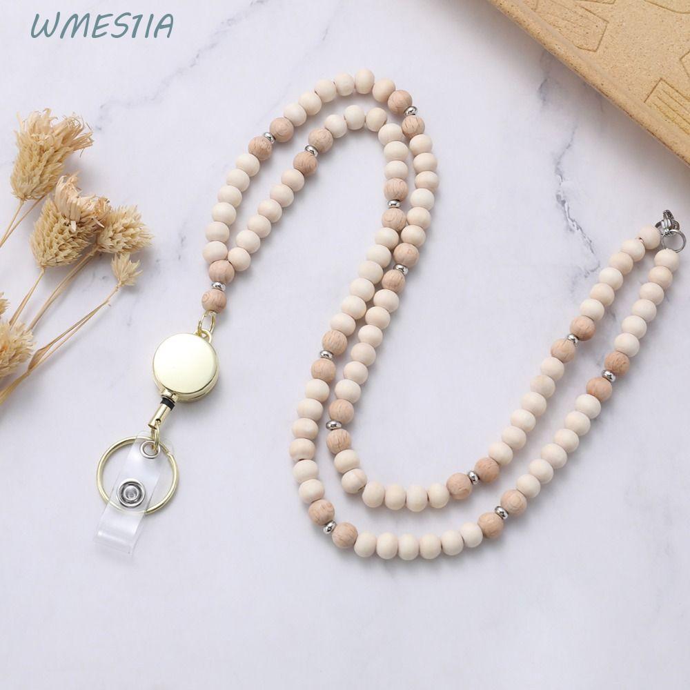WMES1IA ID Badge ผู้ถือ Lanyard, 2 ชิ้นผู้ถือบัตรสแตนเลส Clasp ไม้ลูกปัด Lanyard, ไม้ธรรมชาติลูกปัด 