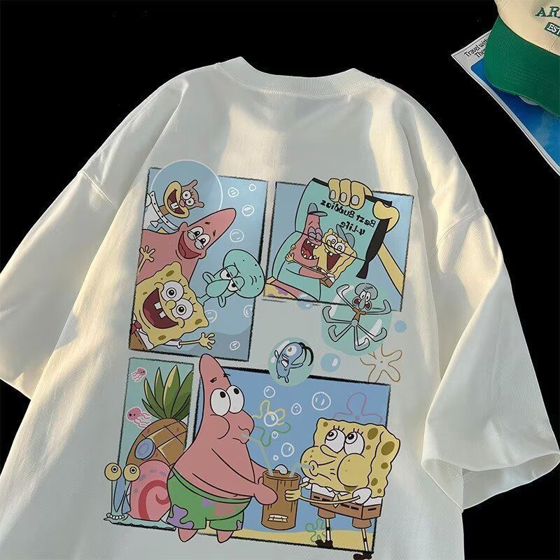 เสื้อยืดแขนสั้นสไตล์ฮ่องกง พิมพ์ SpongeBob SquarePants สำหรับทั้งผู้ชายและผู้หญิง ทรงหลวมรอบคอมีสไตล์ ราคา ถูกที่สุด ดีลบีเคเค แกลเลอรีภาพที่ 9