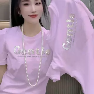 เสื้อยืดแขนสั้นผ้าฝ้ายแท้ หนักและเงา ประดับพลอยเทียม สำหรับผู้หญิง ขายดีของดาราอินเทอร์เน็ต แจ๊กเก็ตซ่อนพุง เสื้อยืดเร