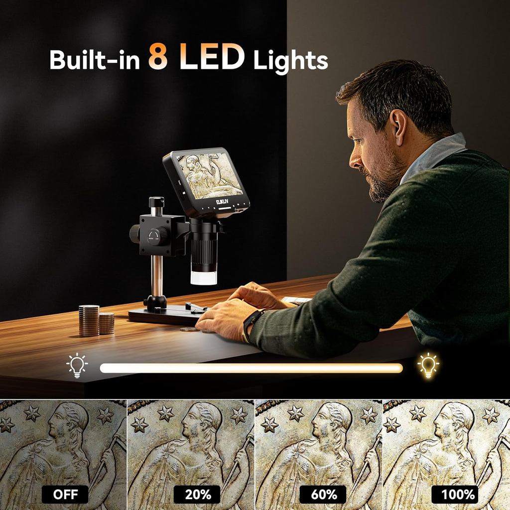 กล้องจุลทรรศน์เหรียญ Elikliv สําหรับผู้ใหญ่: กล้องจุลทรรศน์ดิจิตอล LCD 4.3 1000x พร้อมไฟ LED ปรับได้