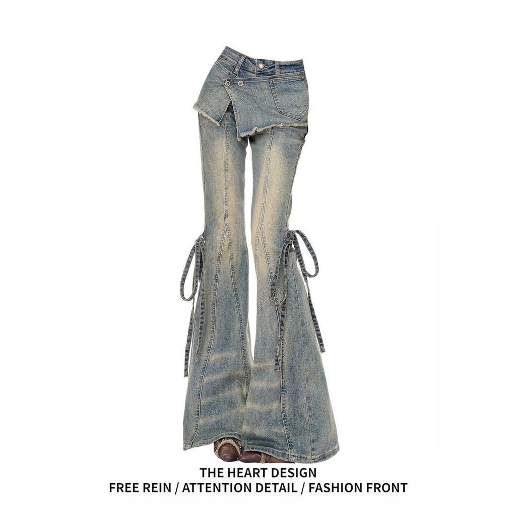 กางเกงยีนส์ผู้หญิง Retro Destruction แบบ lace-up รูปที่ 2