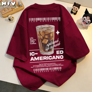 NFV แฟชั่นเกาหลี🍒เสื้อยืดแขนสั้นคอกลม ลายพิมพ์กาแฟ ระบายอากาศ ผ้าฝ้ายแท้ ใส่สบาย ทรงหลวม YG883