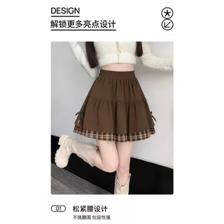 กระโปรง-mini เอวสูงสีกาแฟ พร้อมโบว์ ลายเชคเกอร์ แฟชันฤดูใบไม้ผลิ