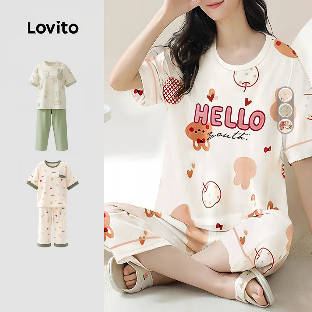 Lovito ชุดนอนคู่เซต2ชิ้นน่ารัก มีลายการ์ตูน คุณภาพดี สำหรับผู้หญิง LNE141003
