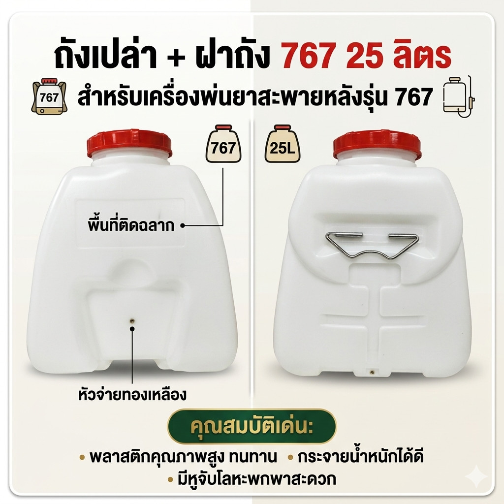 ถังเปล่า + ฝาถัง 767 25 ลิตร สำหรับเครื่องพ่นยาสะพายหลังรุ่น 767 (รูน้ำ 1 รู)