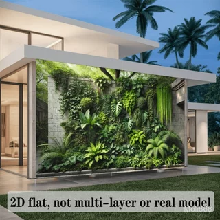 A 2D Tropical Rainforest Plant Wall Backdrop Featuring Monstera, Ferns, Hanging Greenery, Large Broadleaf Plants, And a