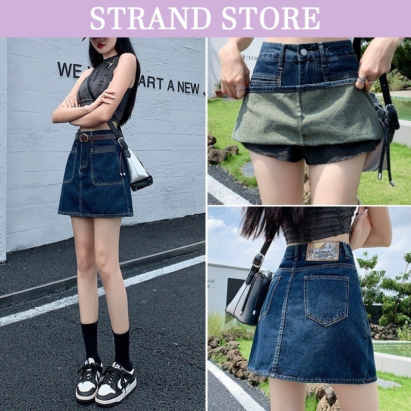STRAND💜 กระโปรงยีนส์เอวสูง ทรงเอ มีซับ แฟชั้นผู้หญิง XV99