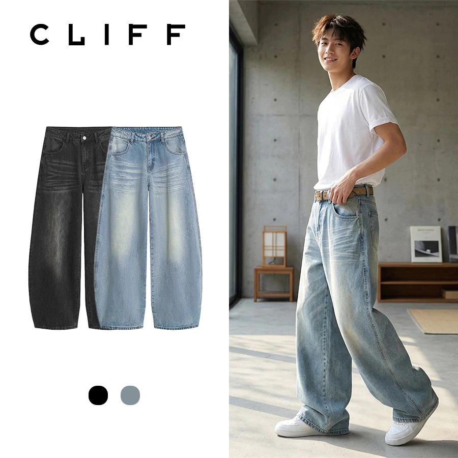 CLIFF กางเกงยีนส์ขากว้างสุดๆ ดีไซน์วินเทจสไตล์เกาหลี ทรงโอเวอร์ไซส์ แฟชั่นสตรีทสำหรับชายหญิง เหมาะฤดูร้อน