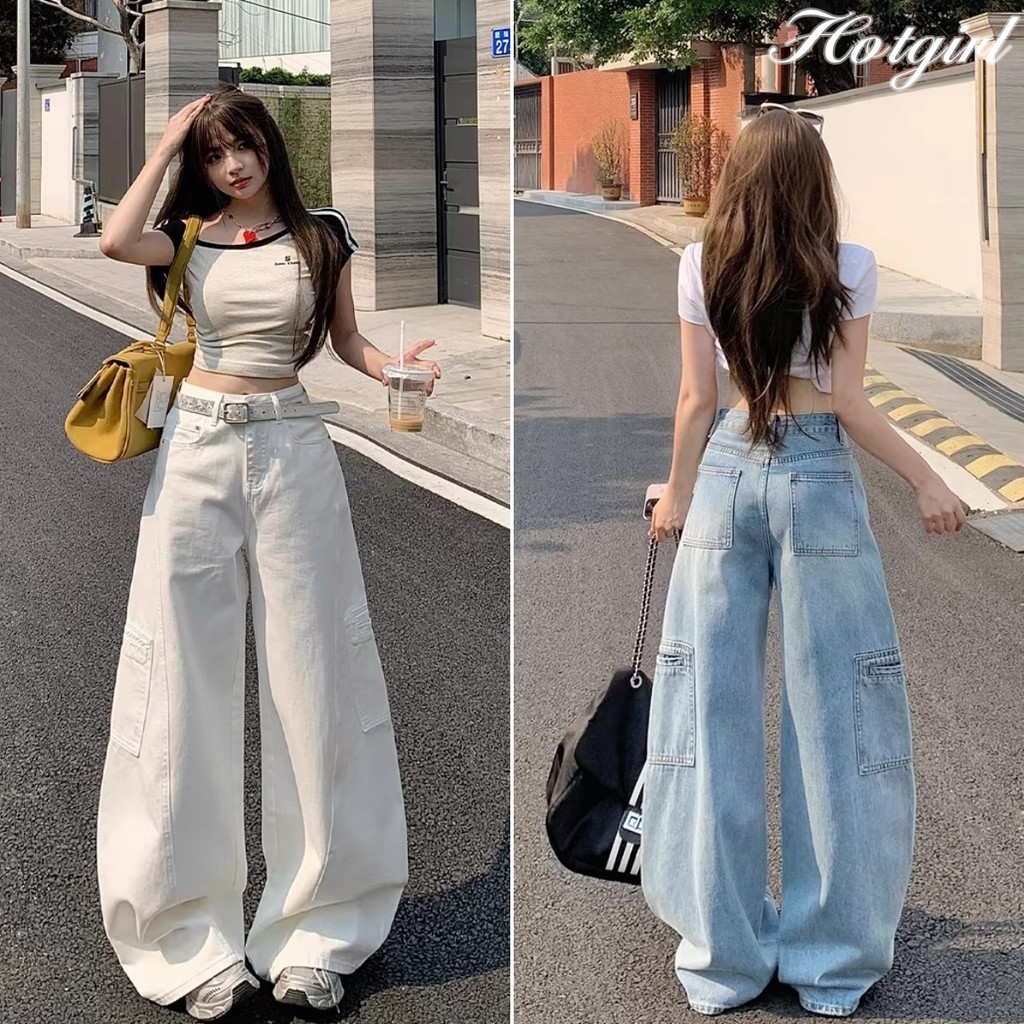 Hotgirl พร้อมส่ง กางเกงยีนส์ผู้หญิงสไตล์วินเทจเอวสูงพร้อมกระเป๋าหลายช่อง S-2XL ทรงขากว้าง สวมใส่สบาย