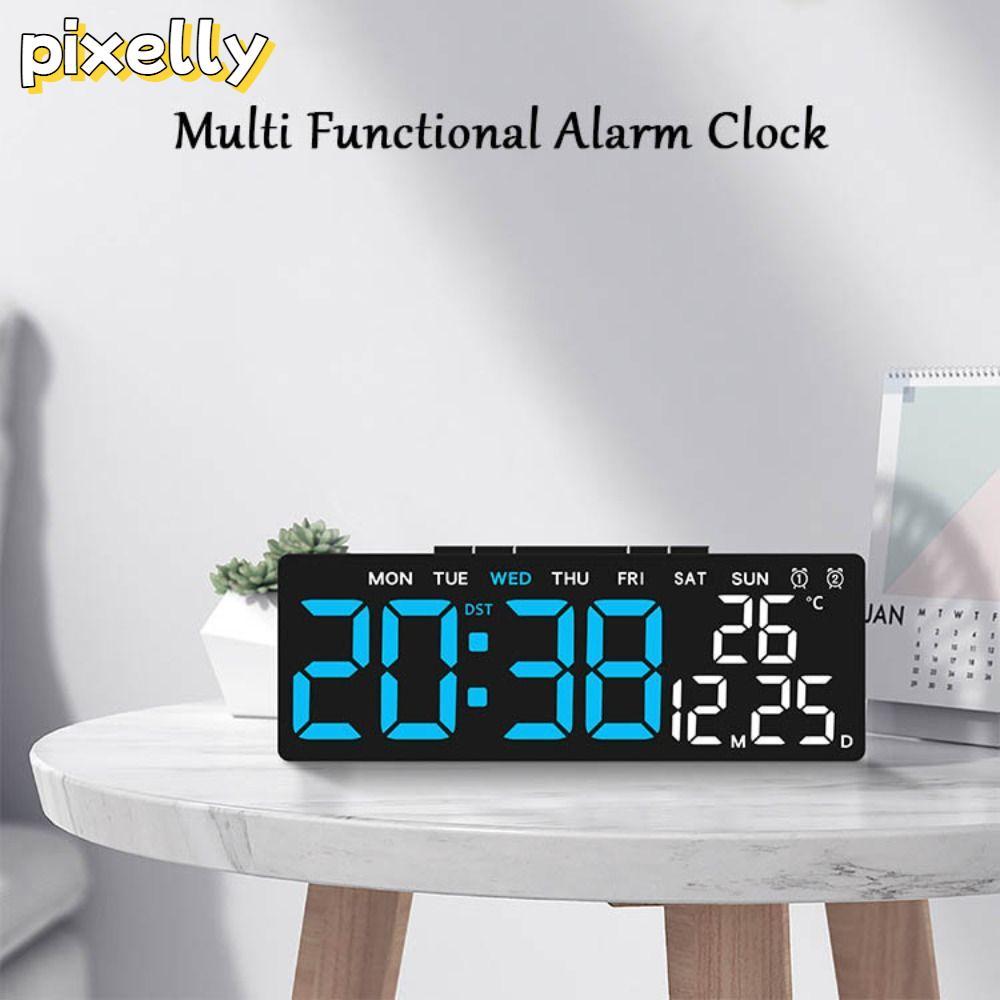 PIXELLY นาฬิกาแขวนอิเล็กทรอนิกส์, นาฬิกา LED ดิจิตอลวันที่อเนกประสงค์, การควบคุมด้วยเสียง DST นาฬิกาตั้งโต๊ะแสดงอุณหภูมิสําหรับห้องนอน