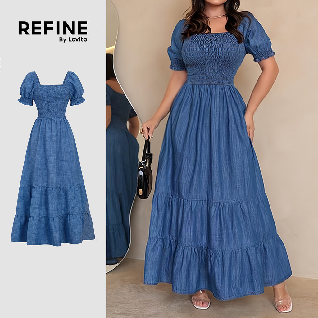 (Refine by Lovito) เดรสสีฟ้าอ่อนแต่งระบาย Smocked สไตล์สปริง/ฤดูร้อน สําหรับผู้หญิง LR35L133
