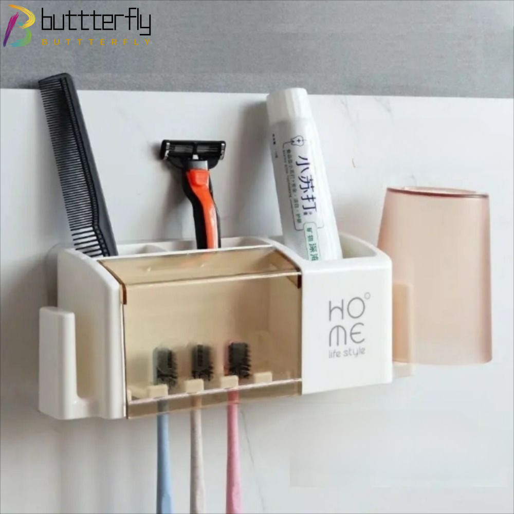 BUTTTERFLY ขาตั้งแปรงสีฟัน, ที่วางแปรงสีฟันไฟฟ้าในห้องน้ําพลาสติก, ชั้นเก็บถ้วยแบบไม่ต้องเจาะติดผนังแบบพกพาใช้ในบ้าน