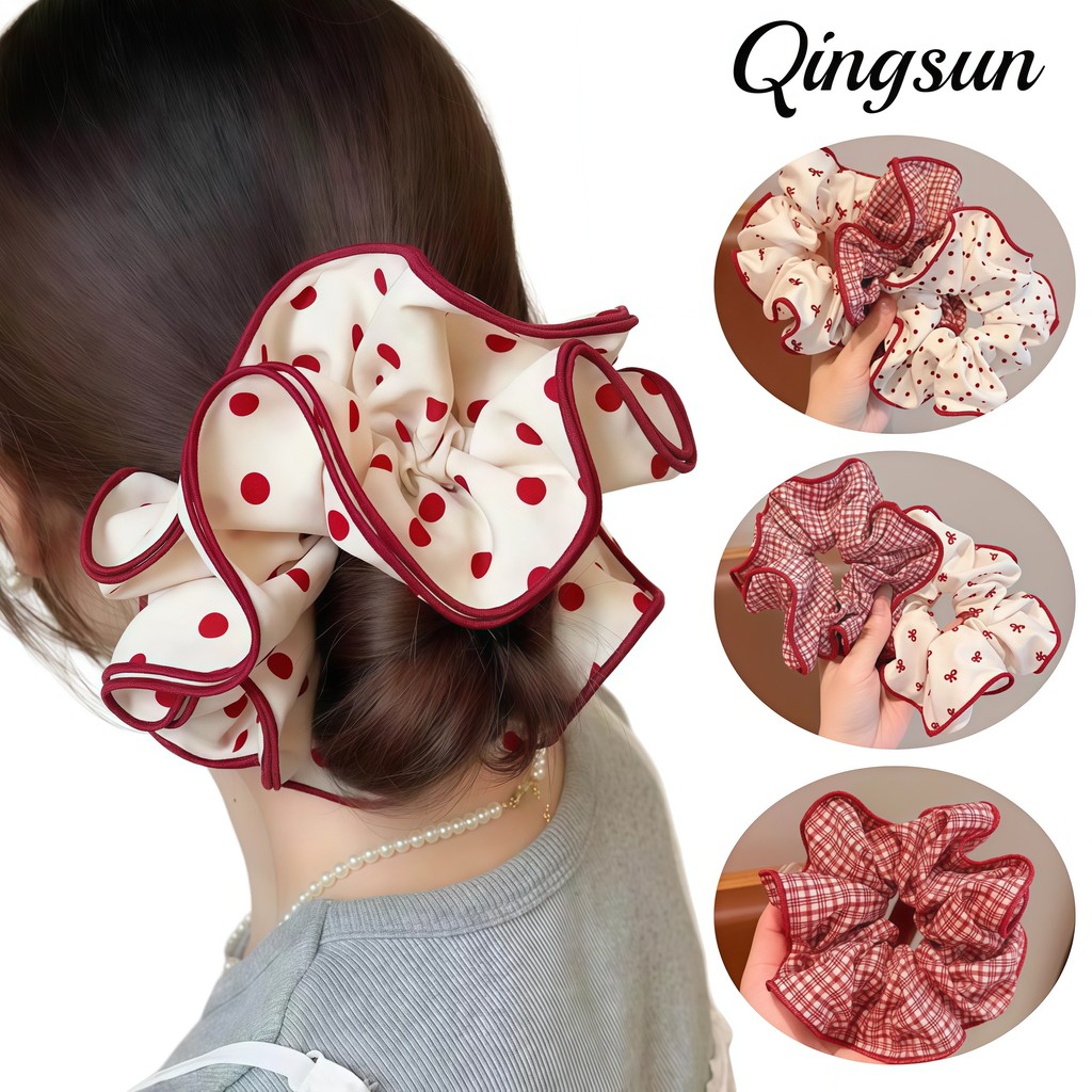 Qingsun ผูกผมหวานนุ่มสำหรับผู้หญิง ลายจุดสีแดง น่ารักและเข้ากับทุกสไตล์ TM-16-0