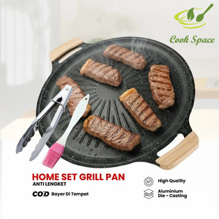 Set Grill Pan Dan Kompor Portablea Wooden Handle Alat Panggangan BBQ Grill Pan Set grill pan anti lengket