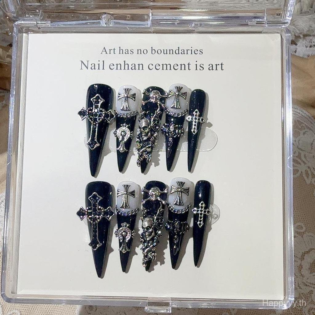 แพทช์แต่งเล็บ Punk Hot Girl y2k {Black Skull} Gothic Dark สไตล์ทําด้วยมือสวมแผ่นแปะแต่งเล็บผลิตภัณฑ์