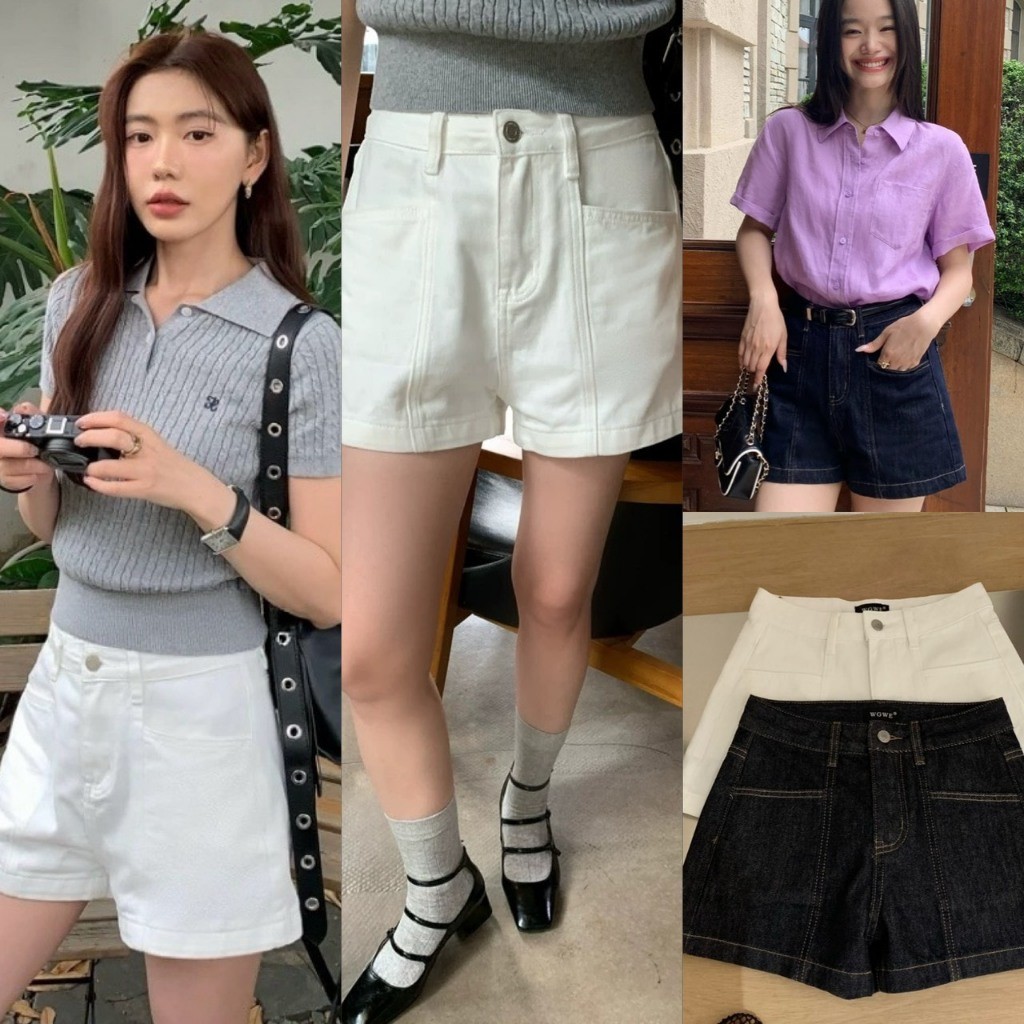 ❤ 🧵 🇰🇷 W9091 กางเกงยีนส์ขาสั้น  แต่งกระเป่าด้านหน้า ผ้ายีนส์เนื้อดีใส่สบาย ทรงเอวสูง แฟชั่นเกาหลี TAG WG.WE 🧡