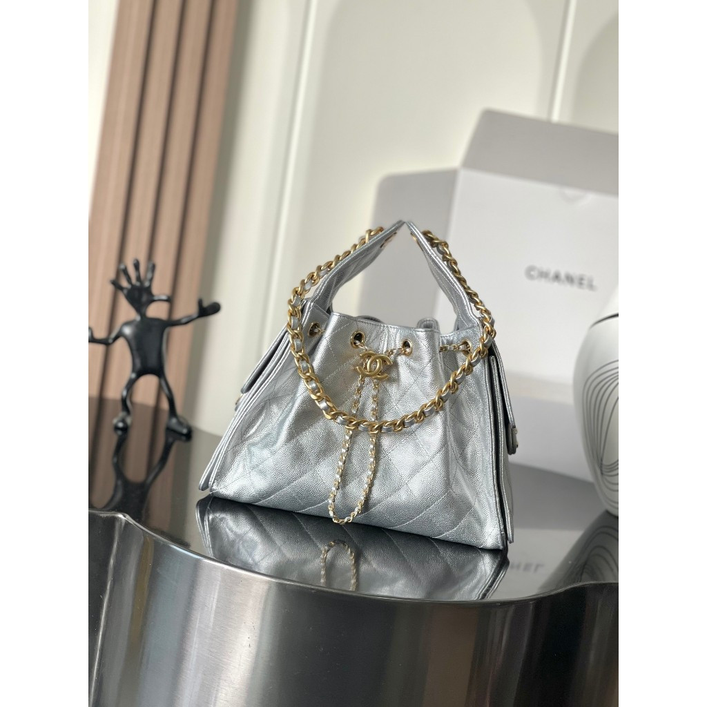 [TOP] 25sHOBO Drawstring Bucket Bag Silver, Small, Adjustable Chain, Multi-Pocket Design, Lazy Fashi