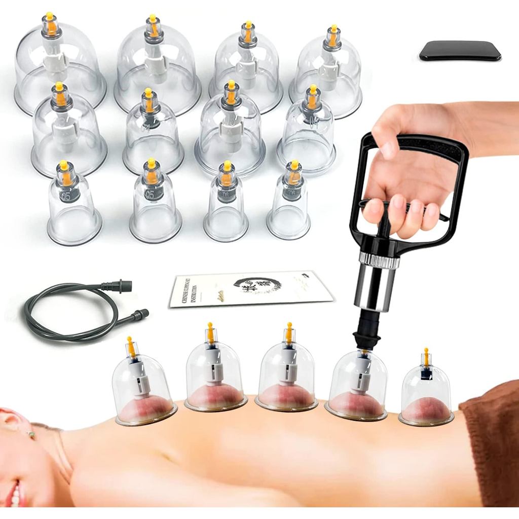 Cupping Therapy Set w/ 12 ถ้วยนวดสําหรับบรรเทาอาการปวดหลังกายภาพบําบัดพร้อมปั๊มมือ