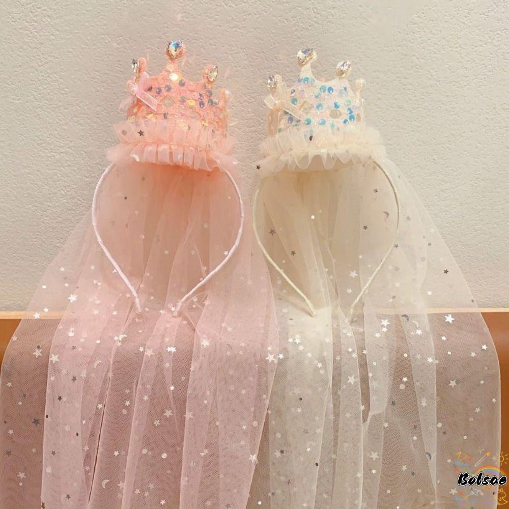 BOLSACF ที่คาดผมผ้าคลุมหน้ามงกุฎเจ้าหญิง, Sparkly สีชมพูสีขาวเลื่อมวันเกิด Party Headwear, น่ารัก Glitter Tulle เครื่องประดับผมแต่งตัว Headbands หญิง