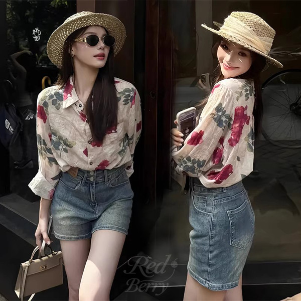 Red Berry เสื้อแขนยาวพิมพ์ลายดอกไม้สำหรับผู้หญิง เสื้อลำลองกันแดดสไตล์เรโทรสำหรับฤดูร้อน 99396