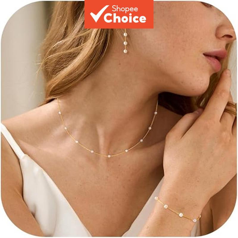 Ins Minimalist Pearl ชุดเครื่องประดับสําหรับผู้หญิงสร้อยคอสร้อยข้อมือต่างหูเครื่องประดับแฟชั่นหรูหรา