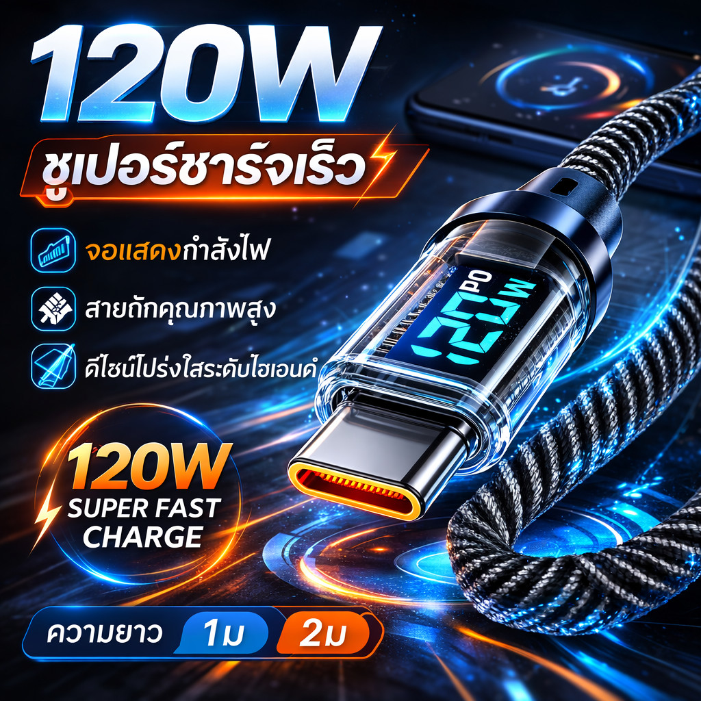 สายชาร์จเร็ว 120W สายชาร์จ USB TO Type C TO C สายชาร์จโทรศัพท์ สายถักมีจอ โปร่งใส 1m 2m