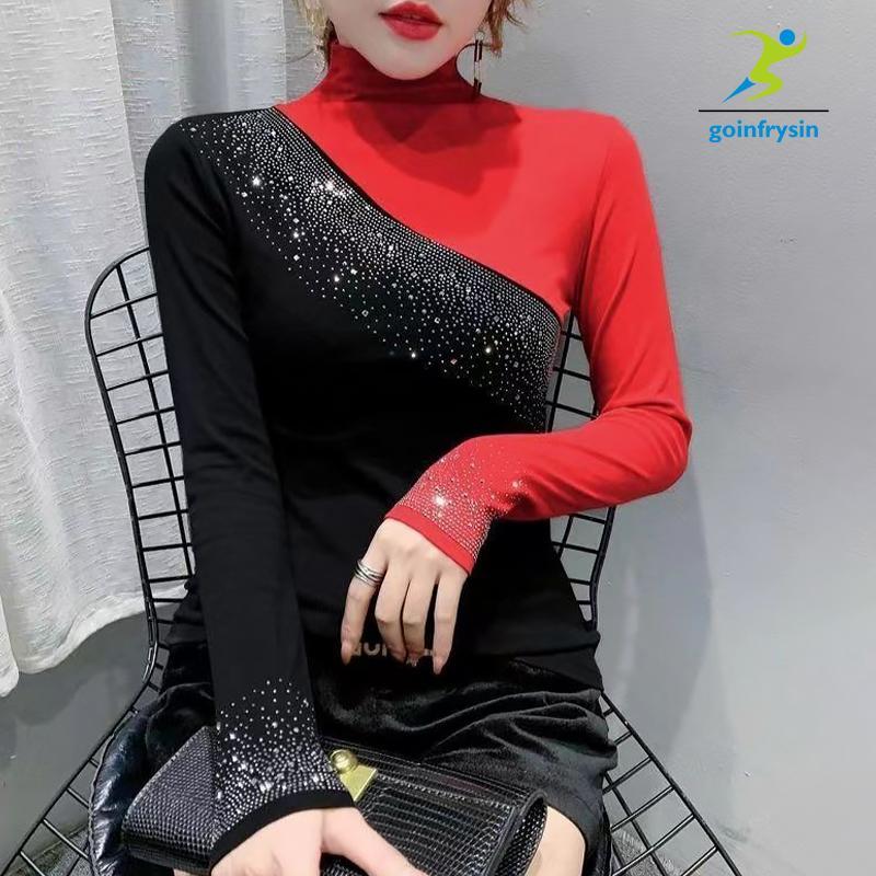 เสื้อยืดแขนยาวสไตล์เชิกเซ็กซี่สำหรับผู้หญิง ตัดเย็บแบบ CONTRAST สี มีคริสตัลเพชรแวววาว