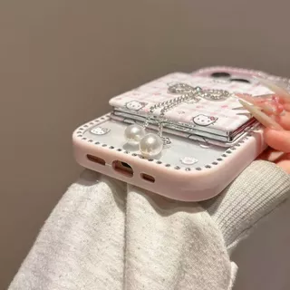 [กรอบเพชร HelloKitty/อะคริลิค/กระจกพับ/ขายึด/ความรู้สึกระดับไฮเอนด์/กันกระแทก] เหมาะสําหรับ iPhone 11 12 13 14 15 16 17 por max 14 15 16 plus เคสโทรศัพท์