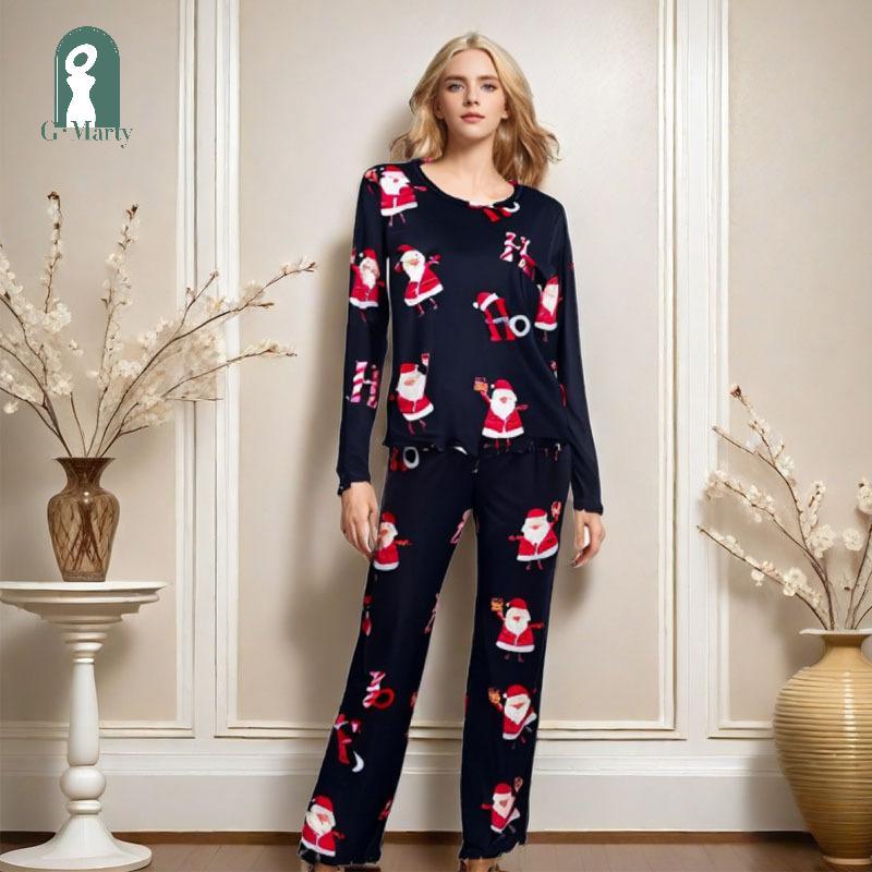 Gmarty Santa Claus คริสต์มาสผู้หญิงชุดนอนชุดสกรูคอยาวแขนยาวกางเกง 2 ชิ้นชุดนอนชุดนอน KL