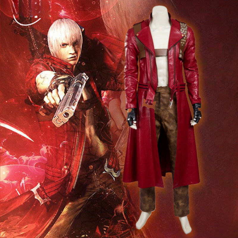 เครื่องแต่งกาย.cosplay แบบ Dante จาก Devil May Cry 3 - เสื้อแจ็คเก็ตหนังสีแดงและกางเกงสีน้ำตาลสำหรับ