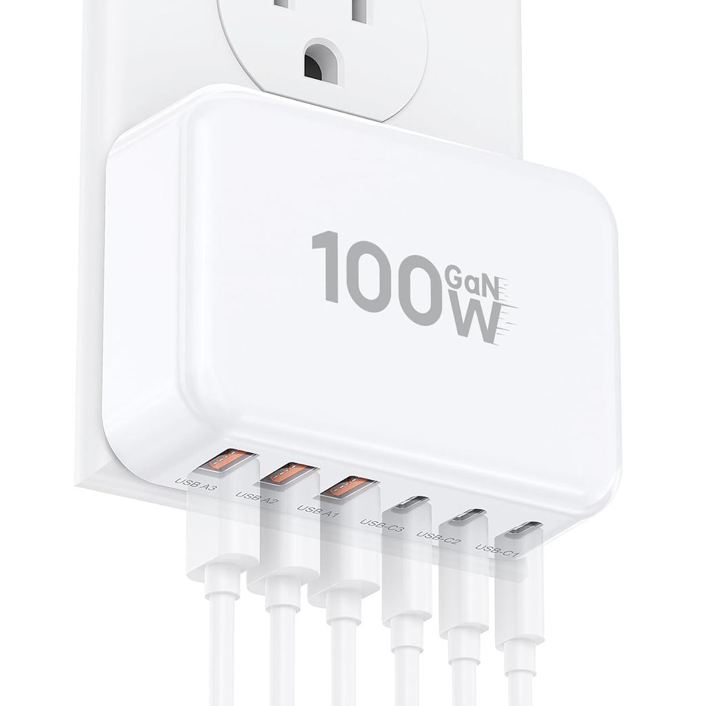 Fast Charger Block, GaN 6 พอร์ต USB C สถานีชาร์จ Hub Cube, 100W Multiport Type C Wall Charger ปลั๊ก 