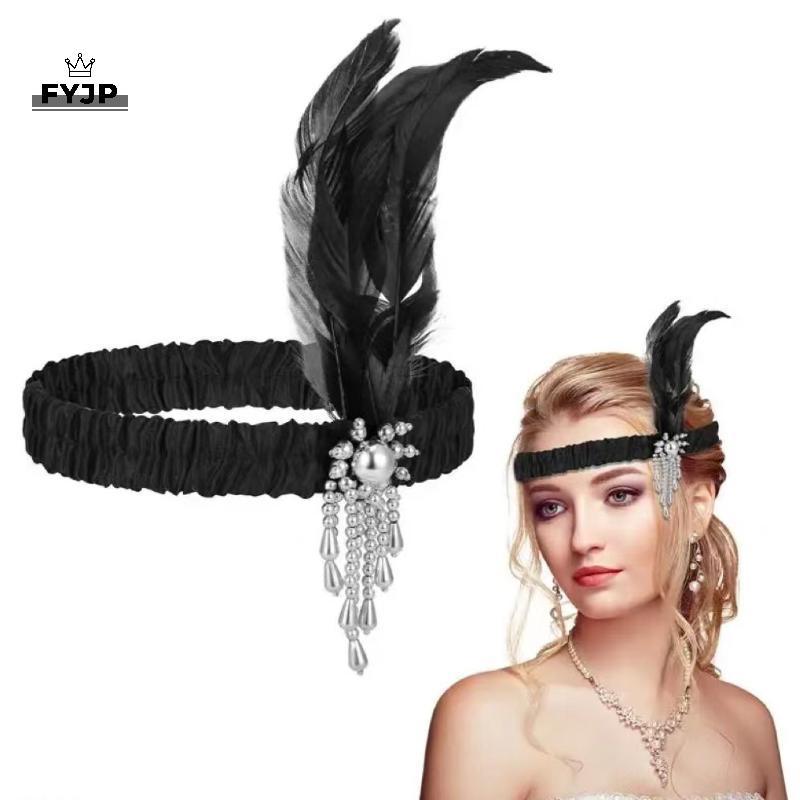 FYJP เครื่องประดับผมสีดําของผู้หญิงยางรัดผมลูกปัด 1920s Retro Gatsby ปาร์ตี้เดี่ยวสุภาพสตรี Headwear