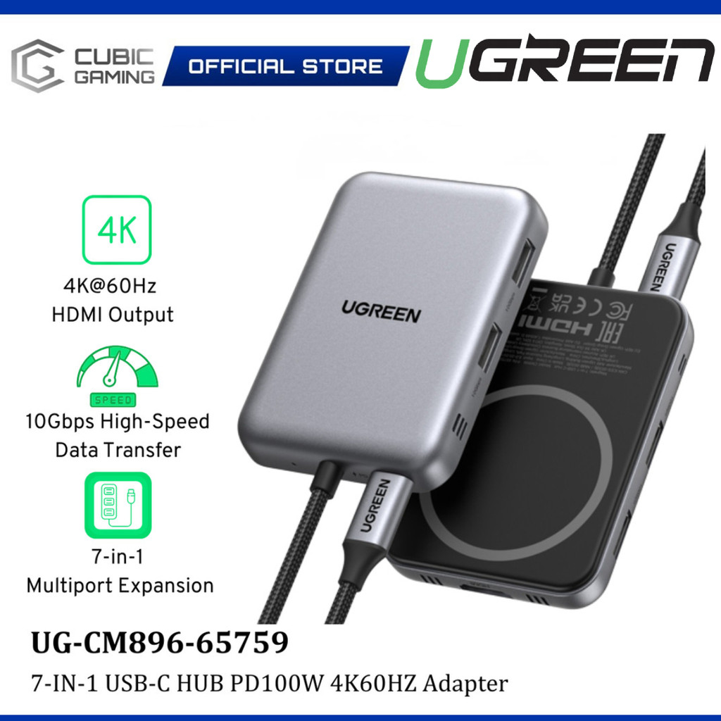 UGREEN ฮับ USB-C 7-IN-1 4K60HZ HDMI 10GBPS PD100W SD TF READER อะแดปเตอร์มัลติพอร์ต – UG-CM896-65759