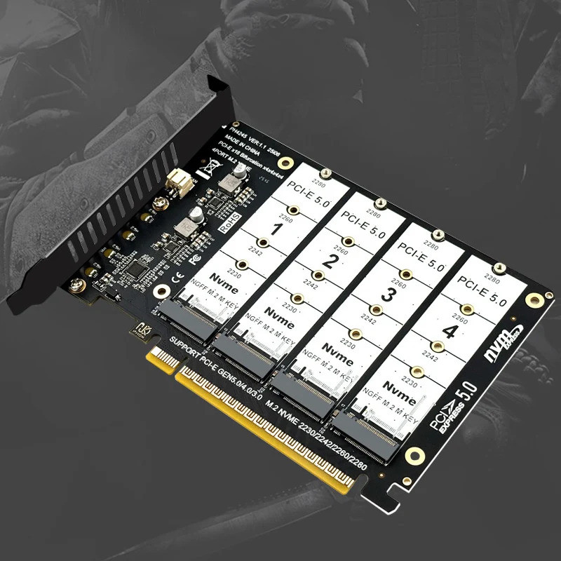 PCIE5.0 X16 ถึง 4 พอร์ต NVME อะแดปเตอร์ Bifurcation การ์ด PCI-E GEN5 16X ถึง 4 * 128Gbps Raid การ์ดส