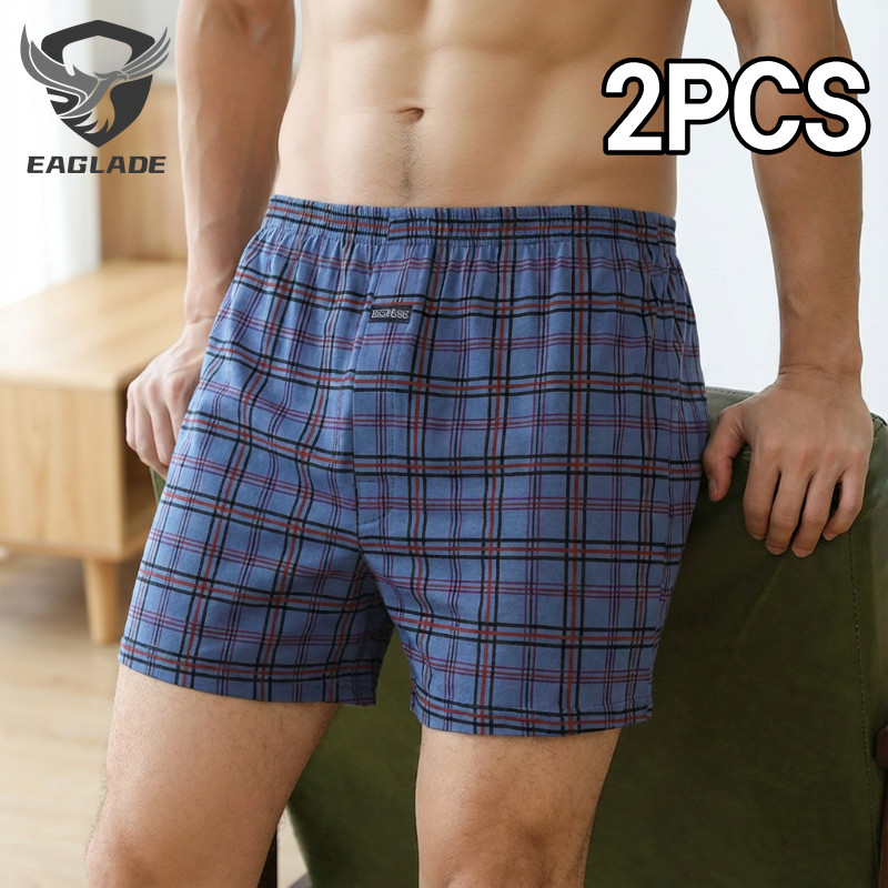 EAGLADE Boxer Lelaki 2pcs dari Bahan Katun 100%, Elastis & Bernapas dengan Motif Kotak Ungu Merah
