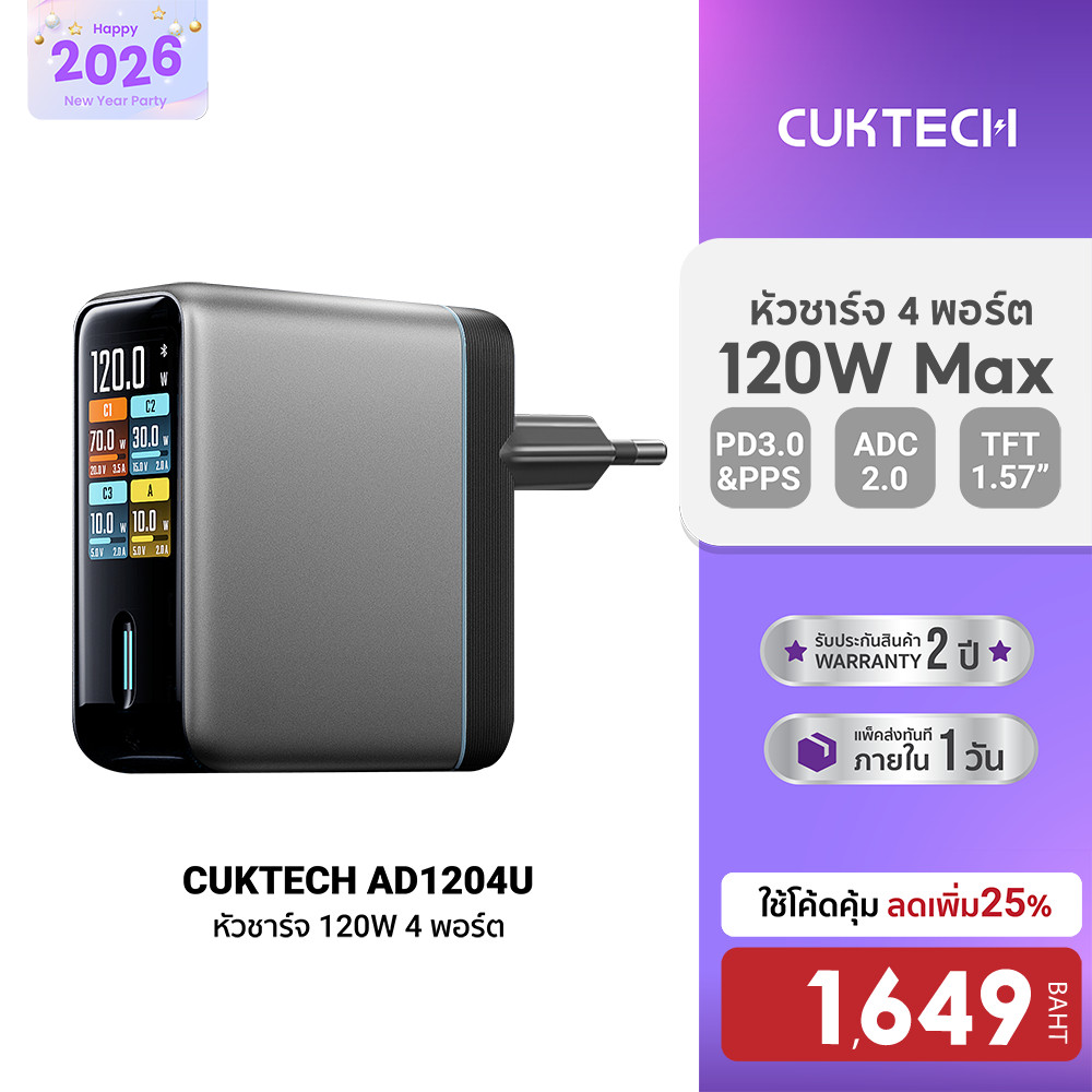 [ลดเหลือ 1649] CUKTECH AD1204U หัวชาร์จ 120W 4 พอร์ต เชื่อมต่อแอป Xiaomi Home หน้าจอ TFT -2Y