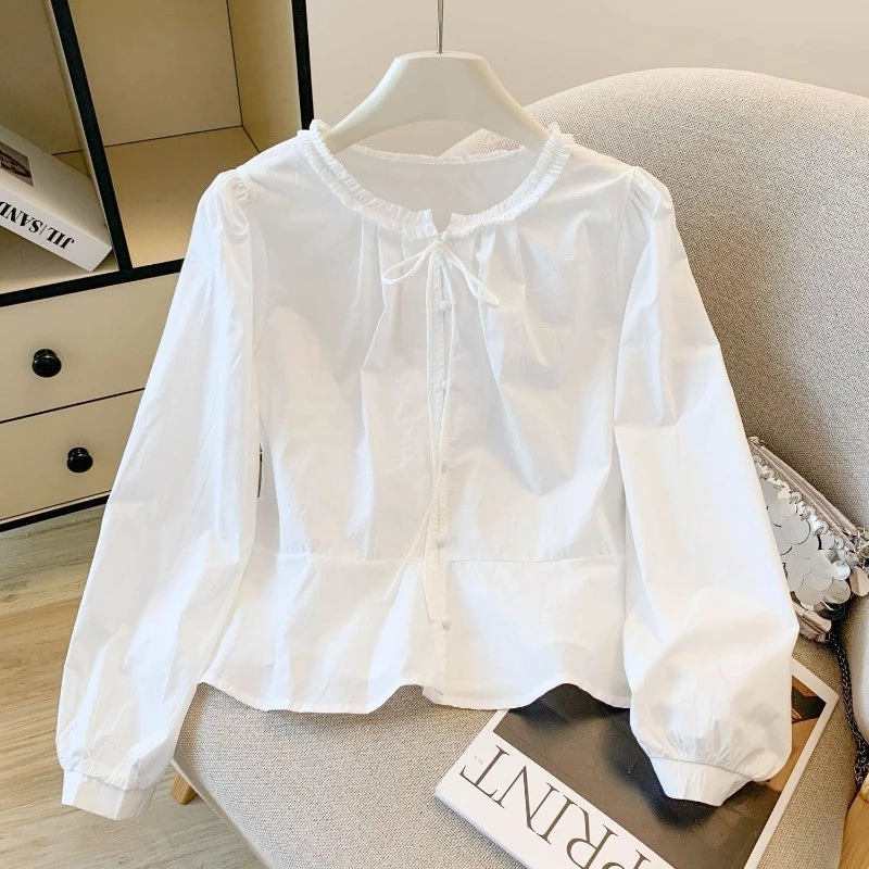 shayne-เสื้อสุภาพสตรี แขนยาว สีทึบ ผีเสื้อ ปม สดชื่น หวาน แฟชั่นสบาย ๆ