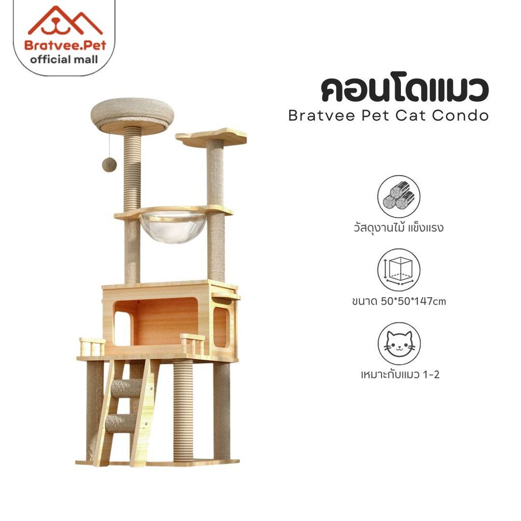 [Bratvee] Cat Condo คอนโดแมว บ้านแมว คอนโดแมวไม้อัด หลุมนอนใส มีบันไดและกล่องนอน เสาลับเล็บทั้งต้น