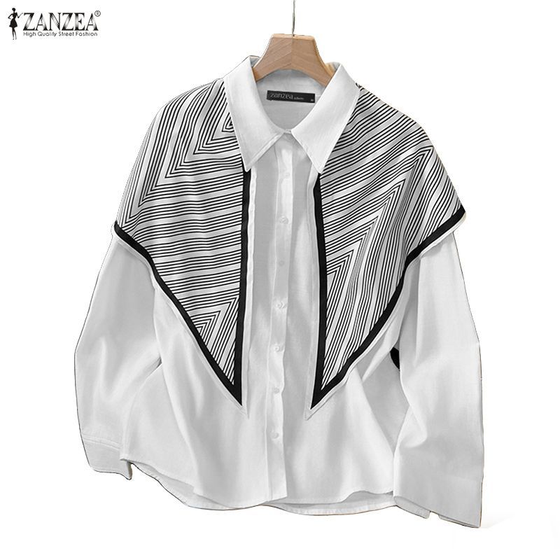 ZANZEA เสื้อคลุมแขนยาวสไตล์วินเทจเกาหลี พิมพ์ลายทางและ patchwork สวมใส่ง่าย — صورة 6