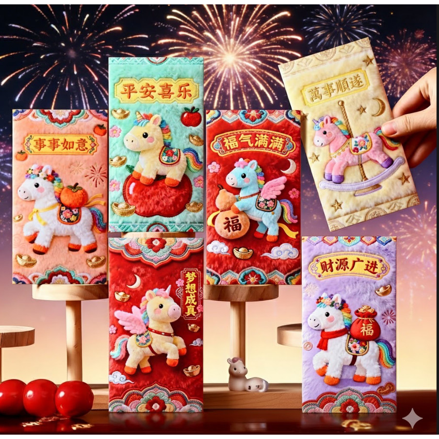 6ชิ้น/แพ็คปีม้าจําลองปักซองจดหมายสีแดงภาพวาดขายดีสไตล์ปีใหม่ซองจดหมายสีแดงการ์ตูนสไตล์จีน3งผลซองจดหมายสีแดงกําไรเป็น