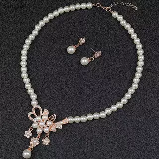Sunstar 1 ชุดสร้อยคอผู้หญิงลูกปัด Glossy Faux Pearls Rhinestone ฝังดอกไม้สร้อยคอต่างหูสตั๊ดชุด