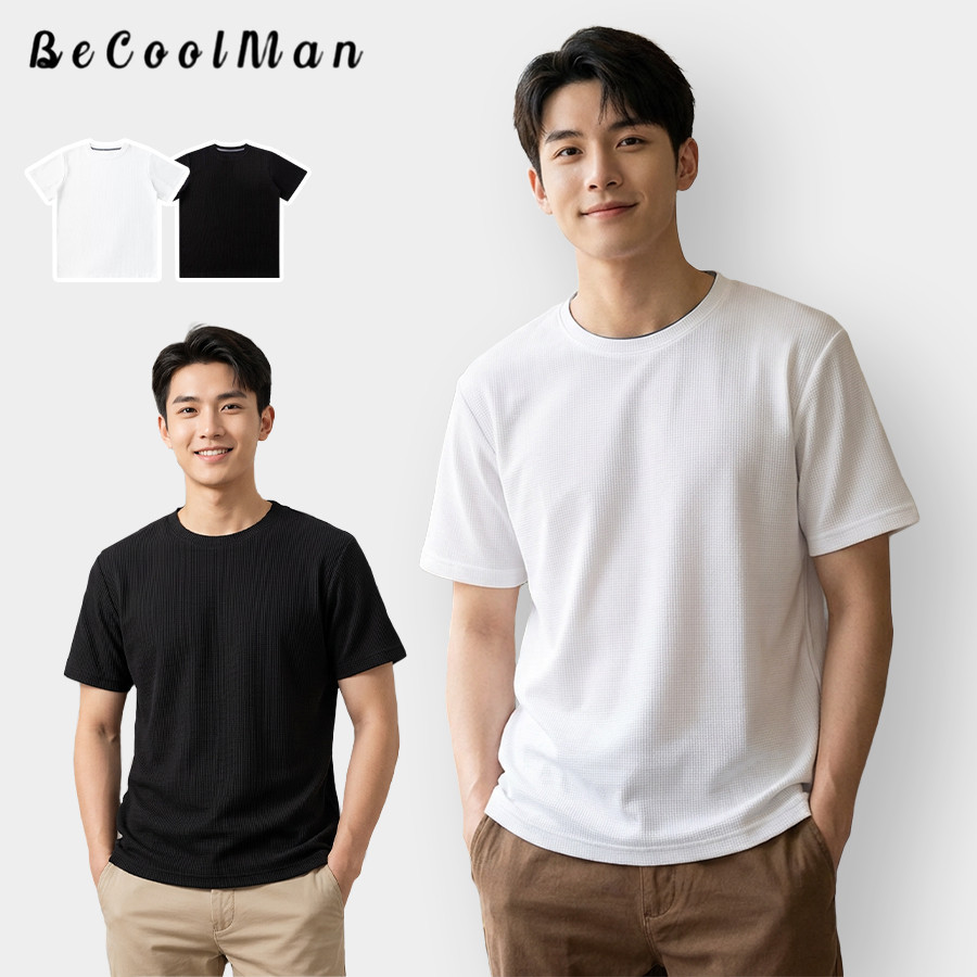 💥BecoolMan💥พลัสขนาดเสื้อยืดแขนสั้น ผ้าวาฟเฟิล ดูแลง่าย ยับยาก สีทึบ เรียบง่ายและจับคู่ได้ง่าย Big Size 4XL-6XL