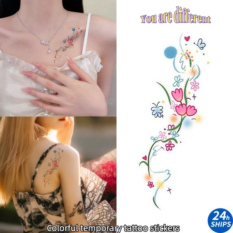 สติกเกอร์รอยสักลายดอกไม้และเสargo สีสันสวยงาม ใช้งานได้นานถึง7วัน สำหรับไหล่และทรวงอก