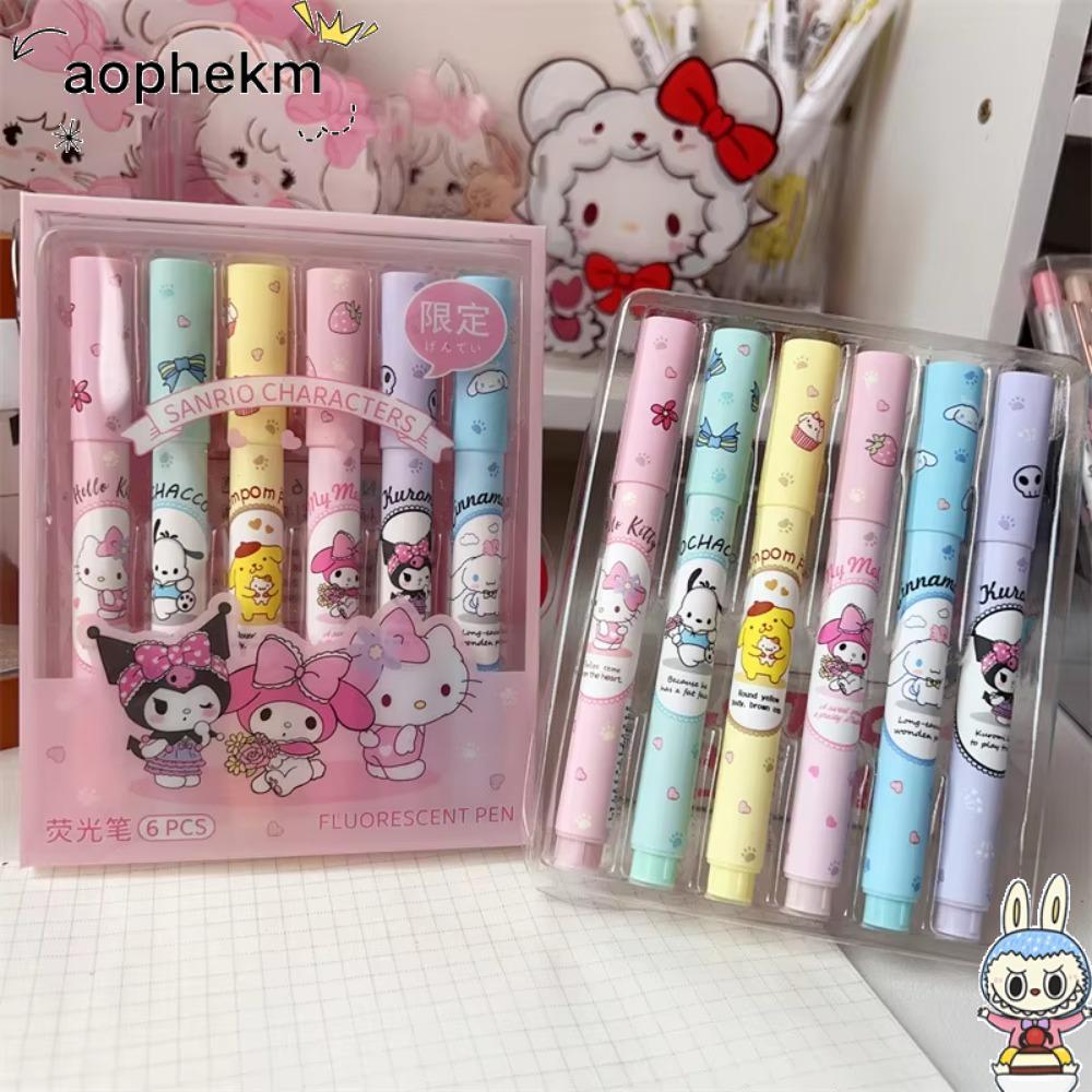 AOPHEKM ชุดปากกาเน้นข้อความ 6 ชิ้น, เครื่องเขียนเครื่องหมายมายเมโลดี้, ของขวัญนักเรียนน่ารักการ์ตูน Mark Key Points ปากกาปากกามาร์กเกอร์สีเด็กชาย/หญิง