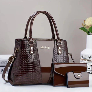 CHICCARRY Glossy Crocodile Pattern Tote Bag ชุด 3 ชิ้น Mother Daughter Bag Commuter Handbag Crossbody Bag Mom Handbag
