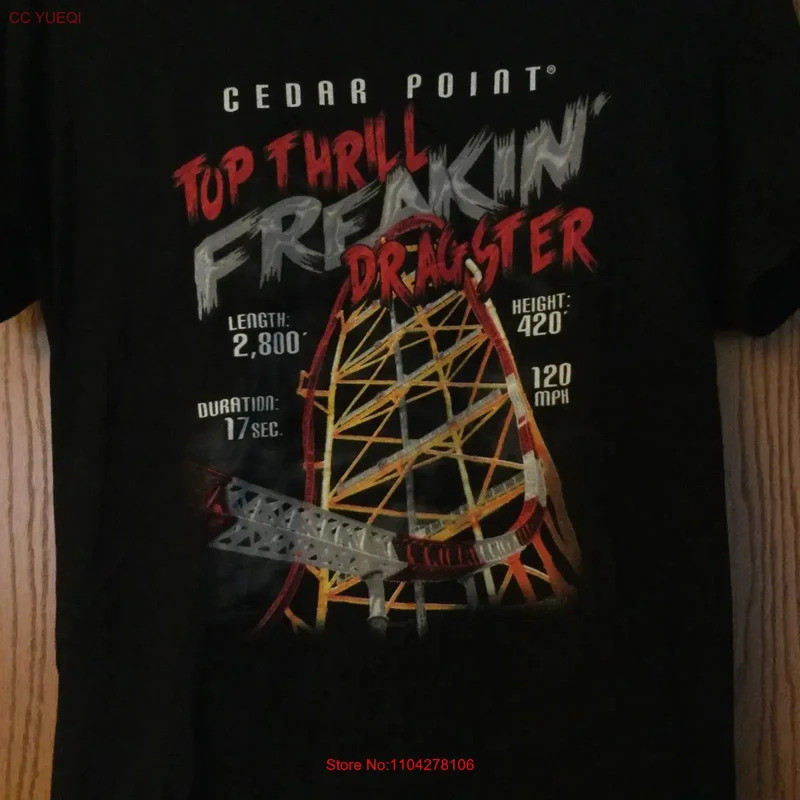 เสื้อยืดสีดำ Cedar Point Top Thrill Freakin Dragster สำหรับผู้หญิง ไซส์ L สไตล์วินเทจ ลำลอง มีลายกรา